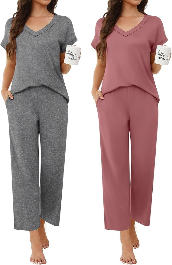 Ekouaer 2 Pack Pajamas for Women Short Sleeve V Neck Pj 2 Piece Lounge Sets S-XXL | Amazon (US)