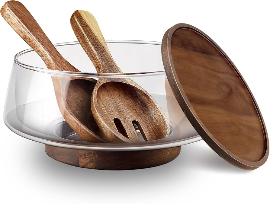 Large Glass Salad Bowls Set with Acacia Wood Base and Lid and Salad Serving Utensils, Elegant and... | Amazon (US)