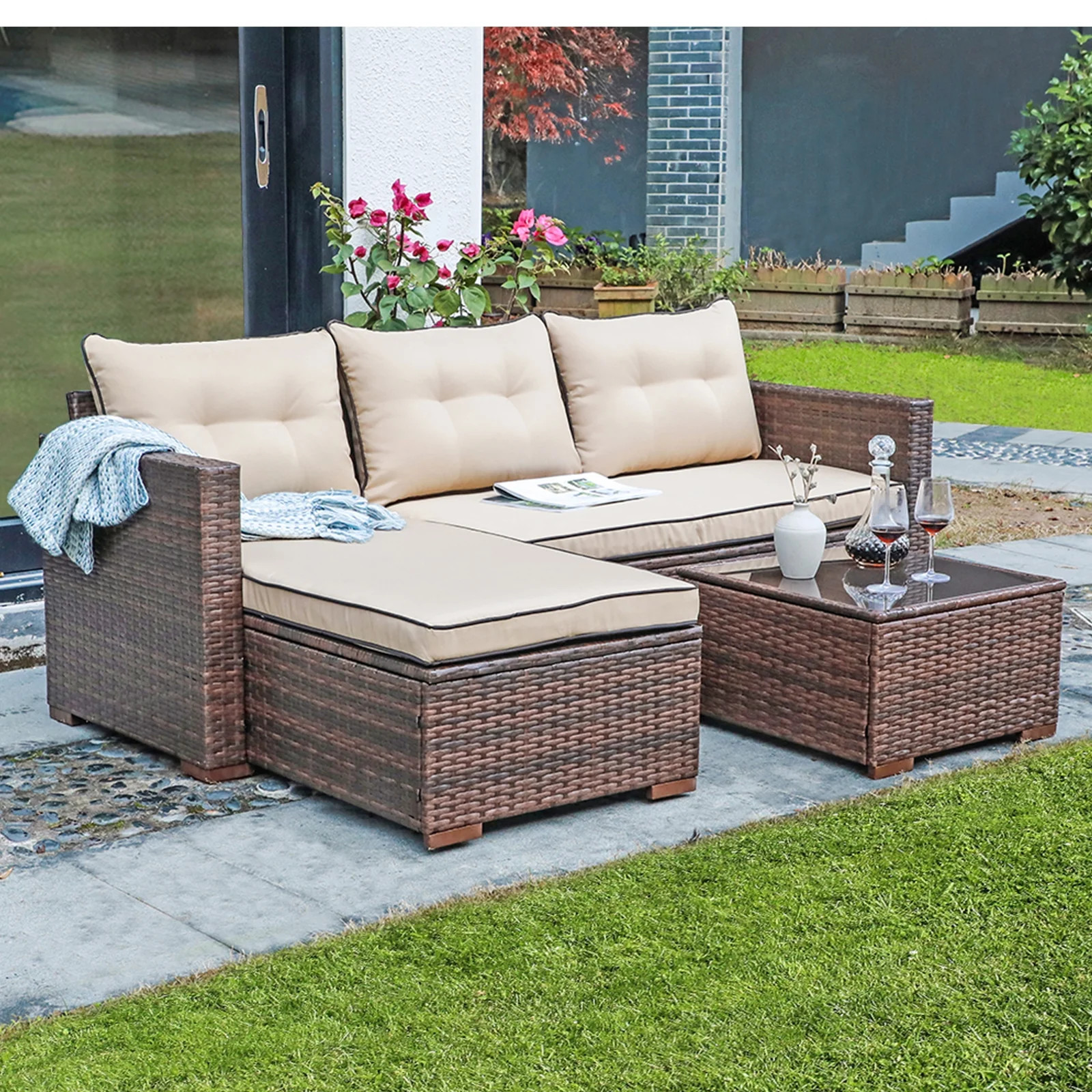 JOIVI Patio Conversation Set, PE Wicker Rattan Outdoor Furniture Set, 2 Ways Small Sectional Sofa... | Walmart (US)