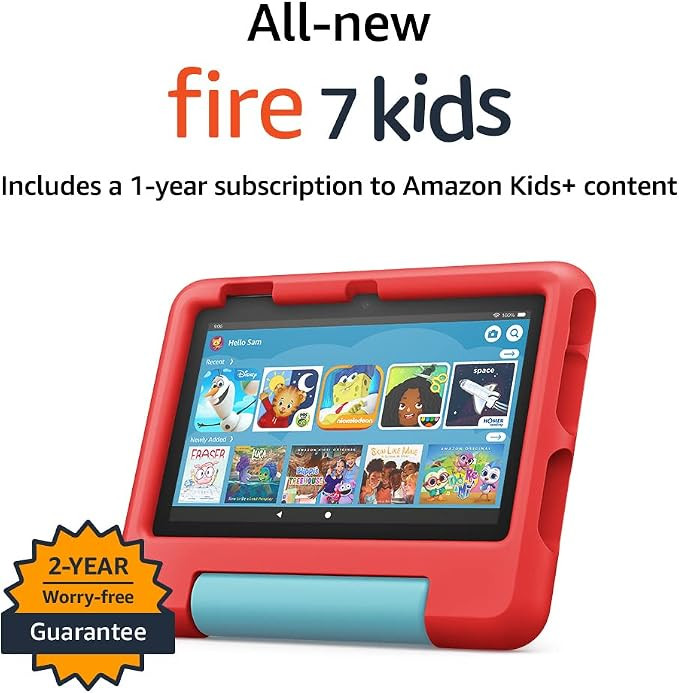 All-new Fire 7 Kids tablet, 7" display, ages 3-7, with ad-free content kids love, 2-year worry fr... | Amazon (US)