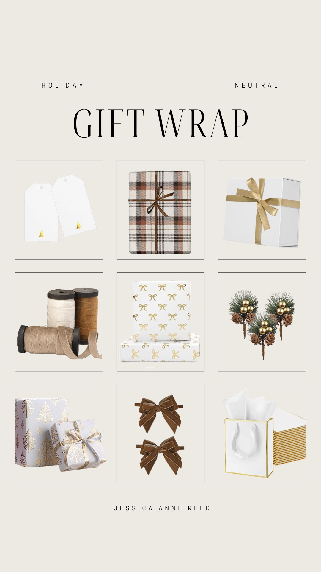 Neutral holiday gift wrapping includes gold and white gift bags, brown bows, gold and white wrapping paper, neutral velvet ribbon, pine picks, gift boxes, plaid wrapping paper, gift tags.

Neutral holiday wrapping, holiday wrapping, Christmas wrappingg#LTKStyleTip 

#LTKHoliday #LTKSeasonal