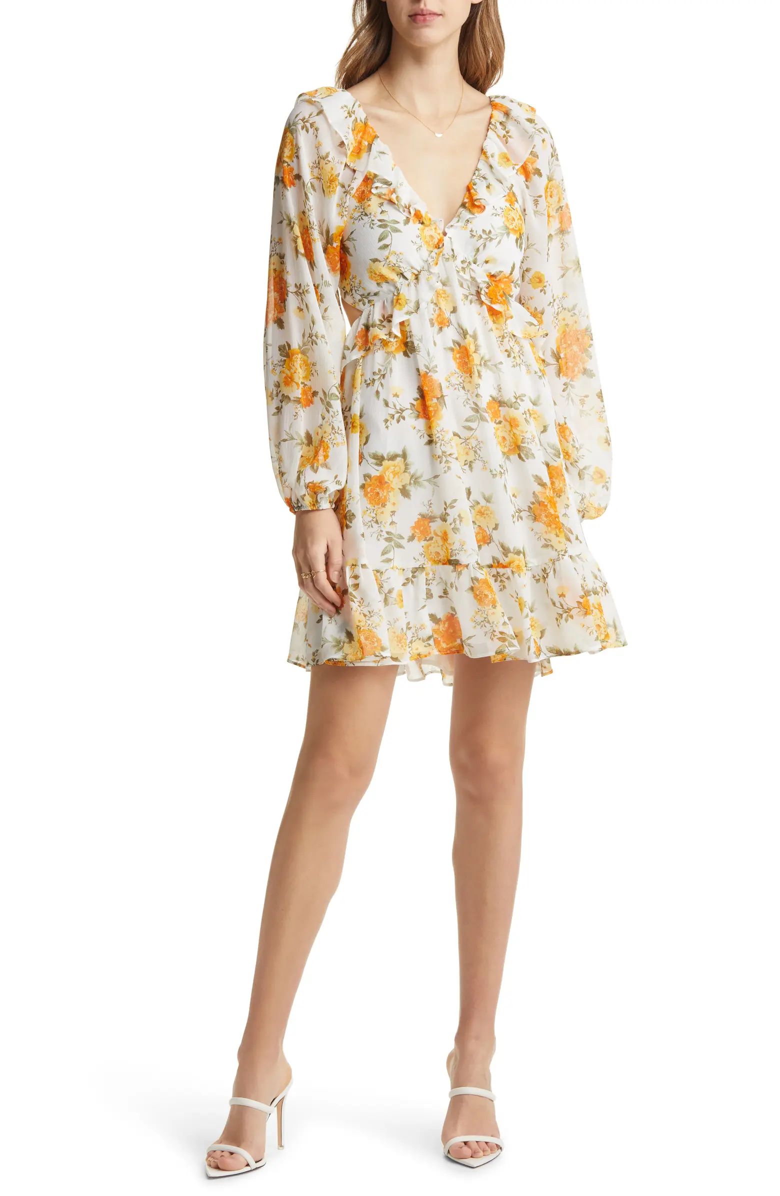 Floral Long Sleeve Cutout Chiffon Babydoll Dress | Nordstrom