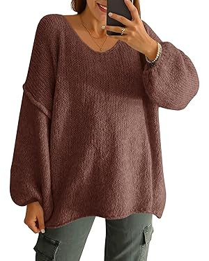 Saodimallsu Womens Oversized V Neck Sweaters Chunky Knit Lantern Long Sleeve Fall Winter Slouchy ... | Amazon (US)
