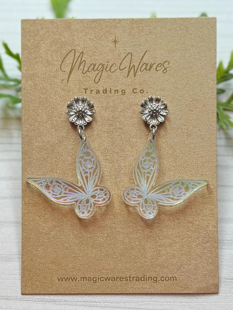 Fairy Wings Dangle Post Earrings, Iridescent Acrylic Engraved Fairy Wing Earrings, Tinker Bell In... | Etsy (US)