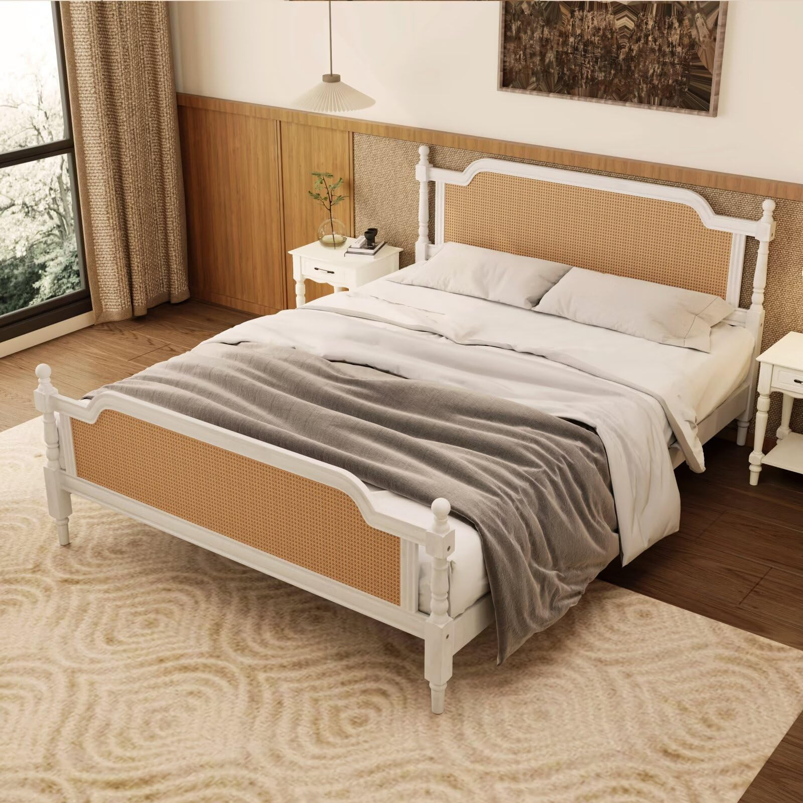 Traditional Style Rattan King Size Platform Bed Frame, Wooden Bed Frame with Rattan Headboard and... | Amazon (US)