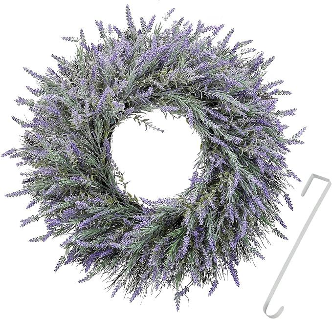 24" Wreath, Spring Wreaths, Artificial Lavender Wreath for Front Door, with Welcome Sign Wreath H... | Amazon (US)