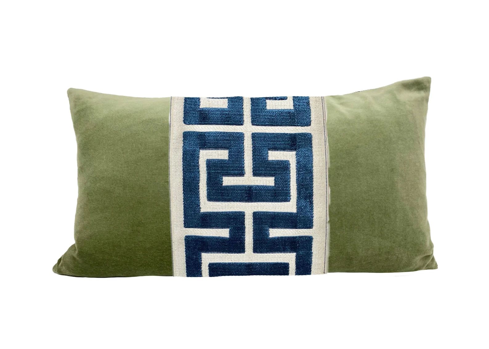 Read the full title
    Sage Green Velvet Lumbar Pillow Cover with Large Greek Key Trim - Navy | Etsy (US)