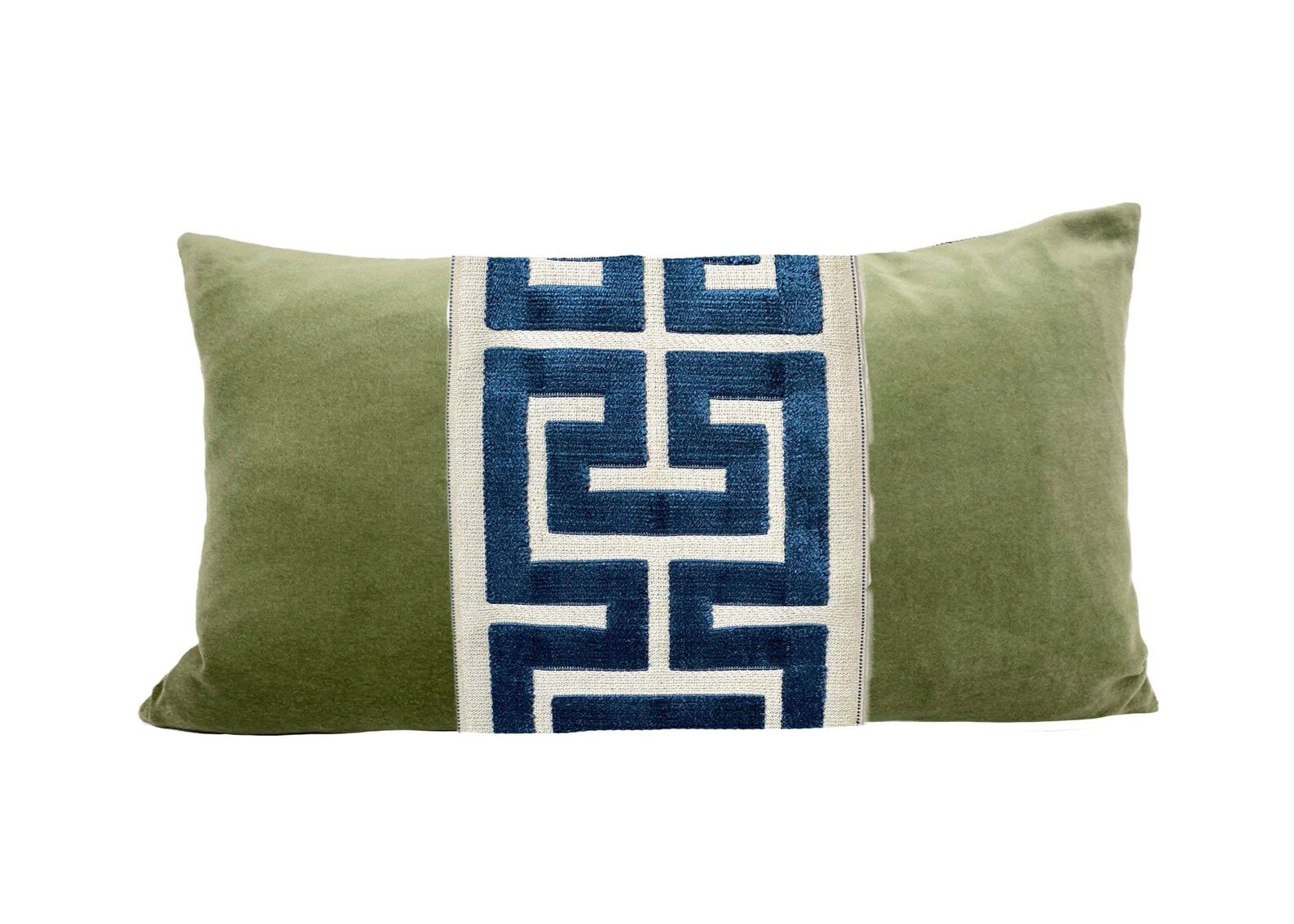 Read the full title
    Sage Green Velvet Lumbar Pillow Cover with Large Greek Key Trim - Navy | Etsy (US)