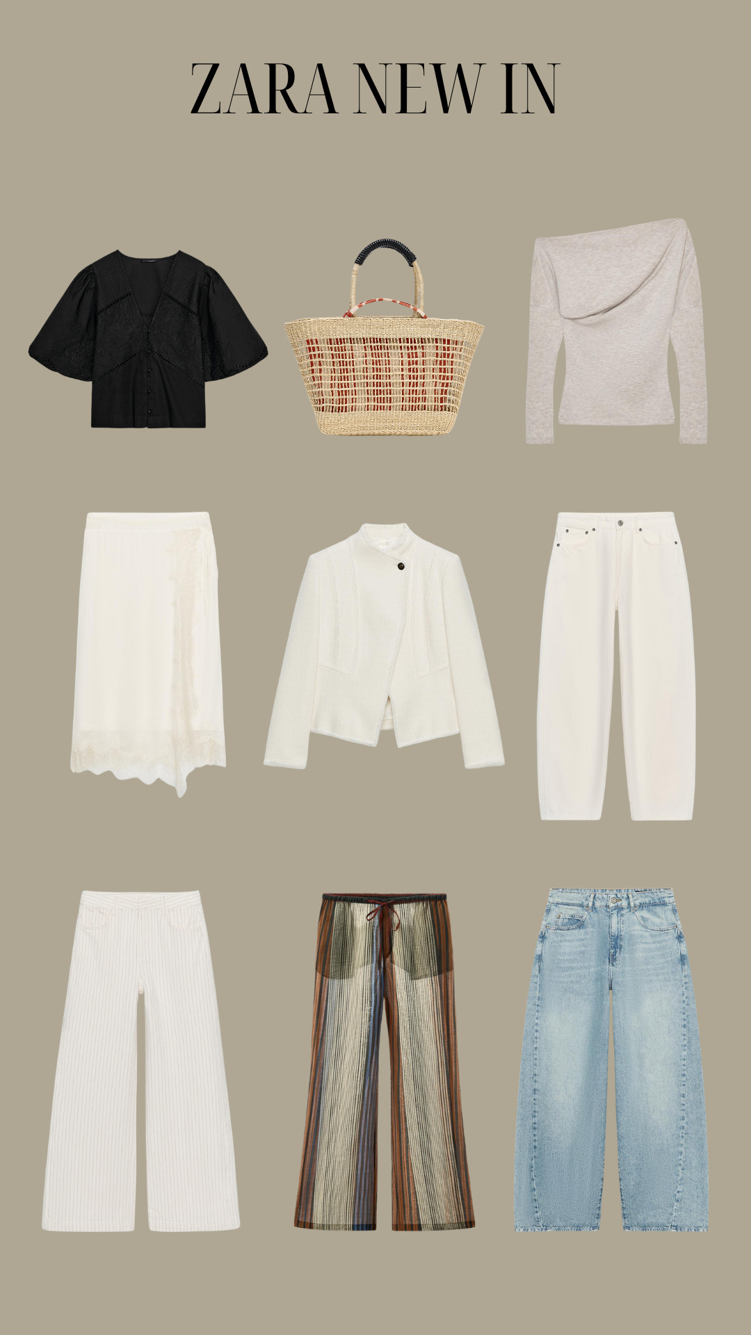 My Current Zara New In Favourites
LTK Denim, White Denim Jeans, Rattan Bag, Beach Accessories, Black Top, Lace Maxi Skirt, Striped Trousers 

 #LTKuk #LTKspring #LTKeurope