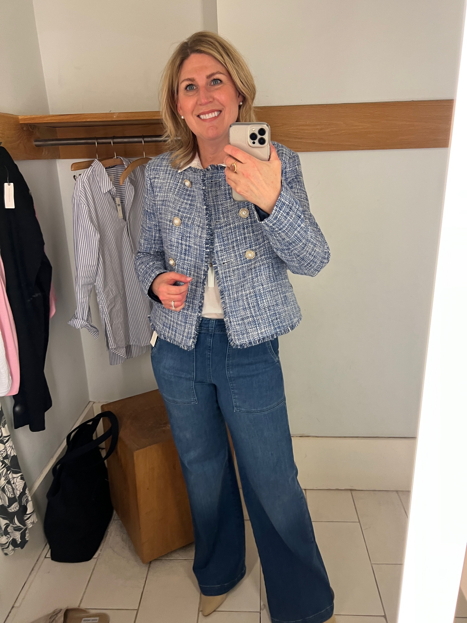 Tweed jacket is fully lined. Comes in pink too. Runs tts. Double breasted. Sheer white pin tuck shirt. Runs tts. Denim run long. Tts. 

#LTKstyletip #LTKFind #LTKSale