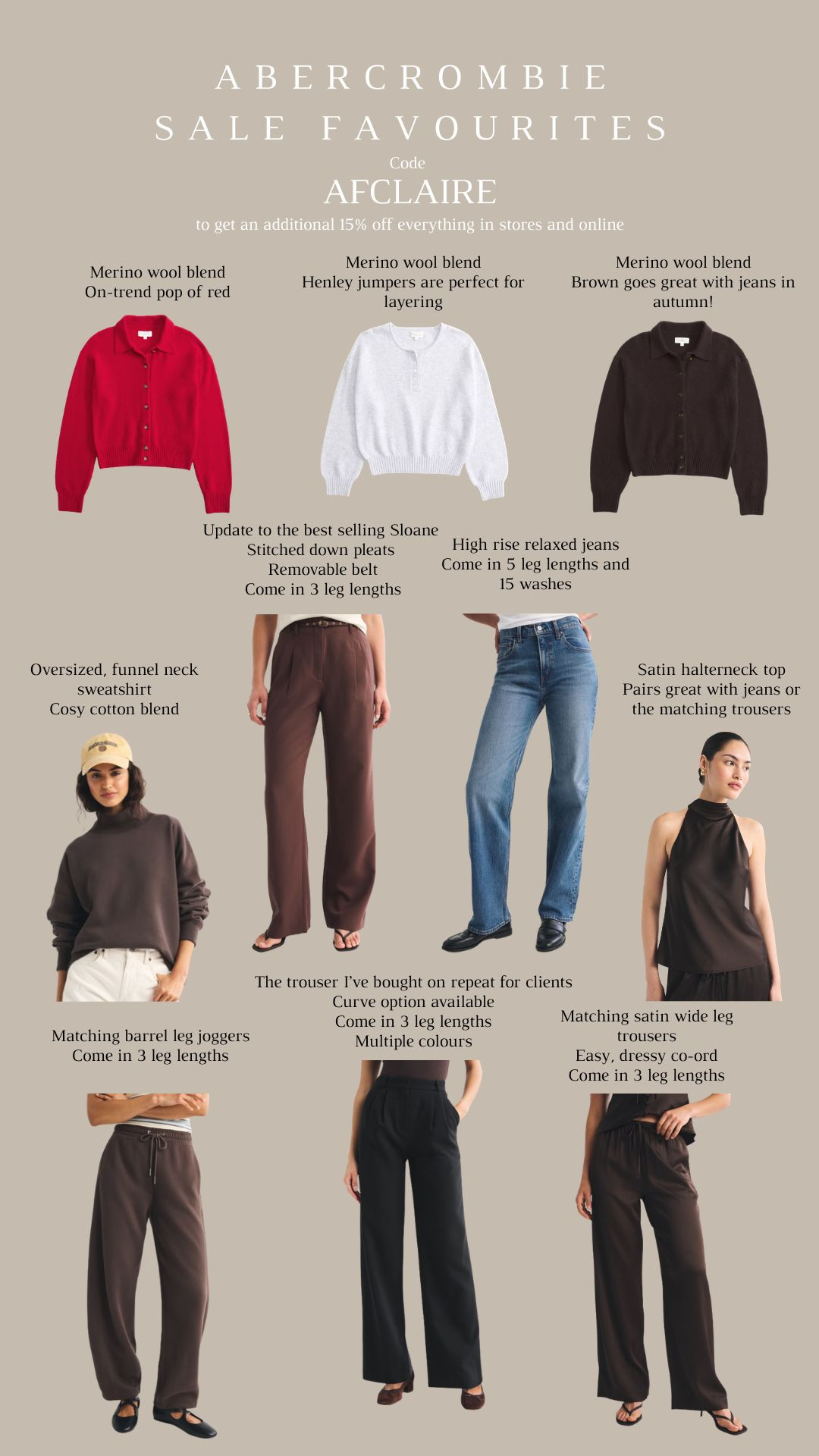 My selection of sale Autumn Favourites from the Abercrombie & Fitch Sale 

There’s 15-25% off …

PLUS Use code AFCLAIRE to get an additional 15% off everything in stores and online at checkout from 18/9/26 - 21/9/26 in UK and Europe. Excludes clearance and gift cards. See online for more details and more items on sale! #abercrombiepartner  #ad

#LTKuk #LTKsale