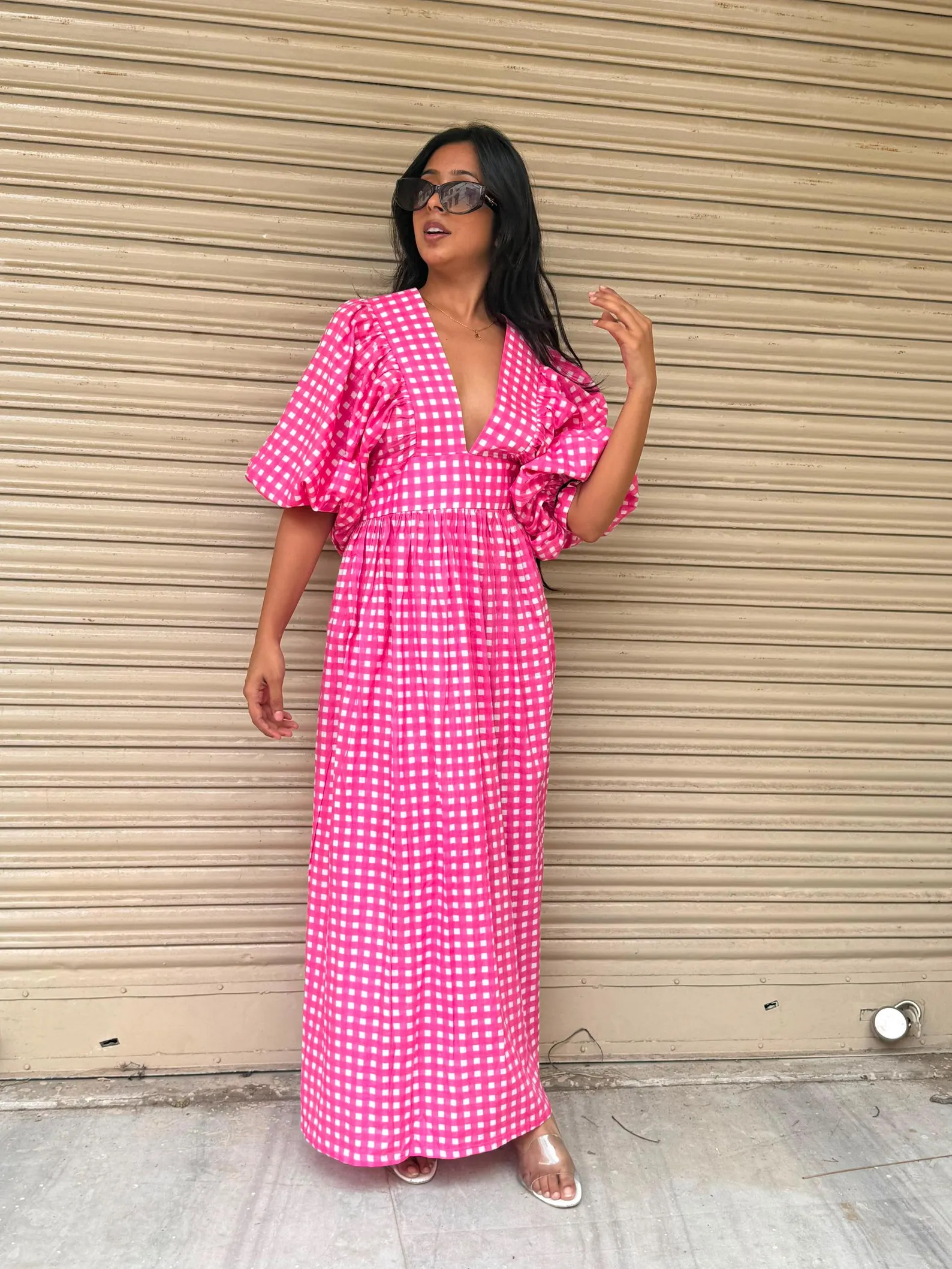 Pink Gingham Cotton Maxi Dress, Puff Sleeve Deep V-neck, Boho Summer Style - Etsy | Etsy (Global)