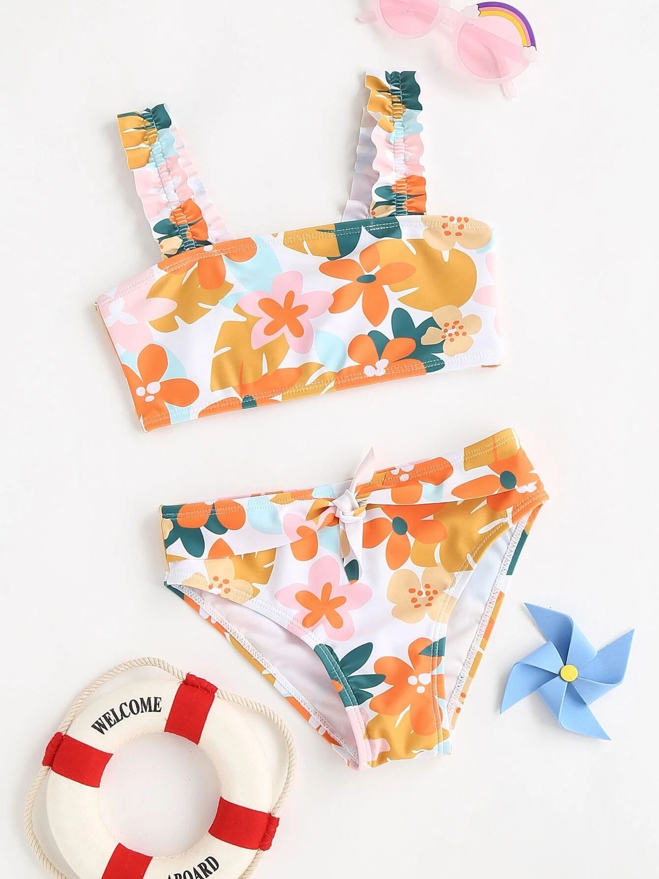 Toddler Girls Floral Print Frill Trim Bikini Swimsuit | SHEIN