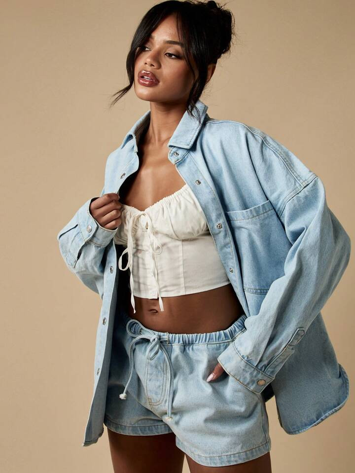 MISSGUIDED Casual Festival Summer Two Piece Denim Set Light Wash Oversized Jacket Elastic Waist Shorts Baggy Beach Resort Coachella Streetwear | SHEIN