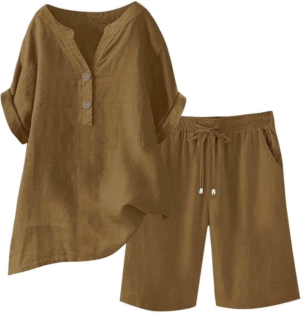 Linen Sets For Women 2 Piece Short Sleeve Shirts & Wide Leg Shorts Loose Fit Casual Cotton Linen ... | Amazon (US)