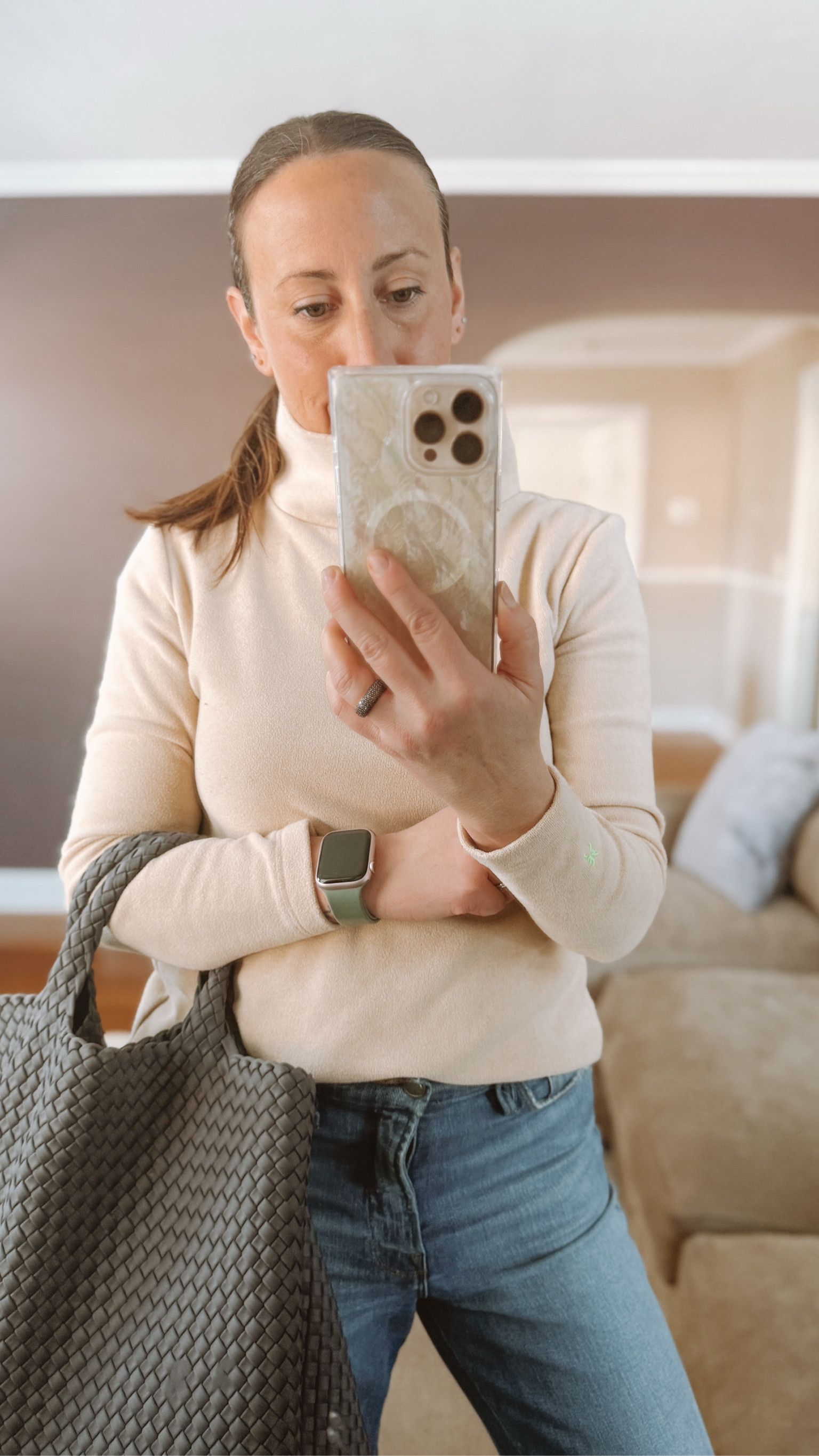 Today’s casual look. Simple easy and classic. //. I love these turtlenecks. I have 4 or 5 different colors. This is the medium length called the green point. I wear a small. NAGHEDI tote in large size. Fits everything you need for the day and looks great with everything!  

#LTKSeasonal #LTKOver40 #LTKWorkwear