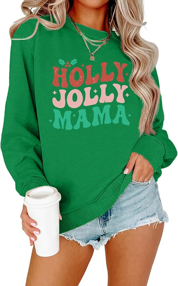 DOLITAEN Women Holly Jolly Mama Sweatshirt Mom Christmas Sweater Matching Family Long Sleeve Pull... | Amazon (US)