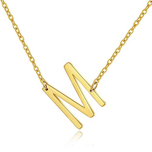 MOMOL Sideways Initial Necklace 18K Gold Plated Stainless Steel Tiny Initial Necklace Dainty Personalized Letter Necklace Delicate Small Monogram Name Necklace for Women (M) | Amazon (US)
