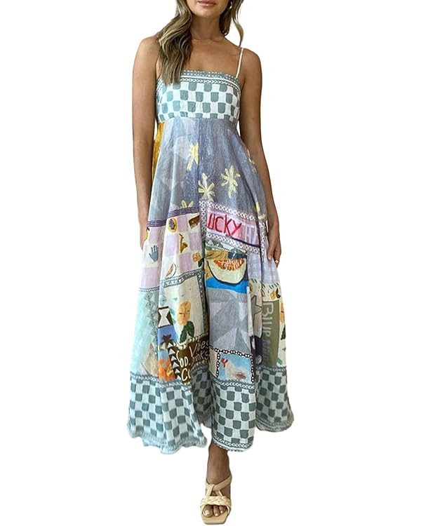 UAURORAO Women Summer Boho Floral Dress Spaghetti Strap Backless Ruffle Flowy Maxi Dress Casual A... | Amazon (US)