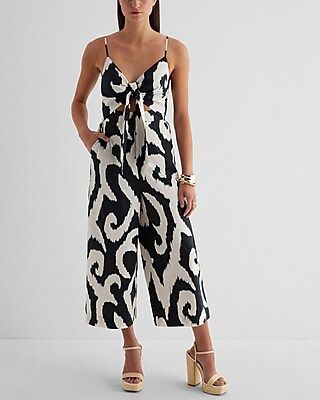 Printed Tie Front Cropped Wide Leg Poplin Jumpsuit | Express