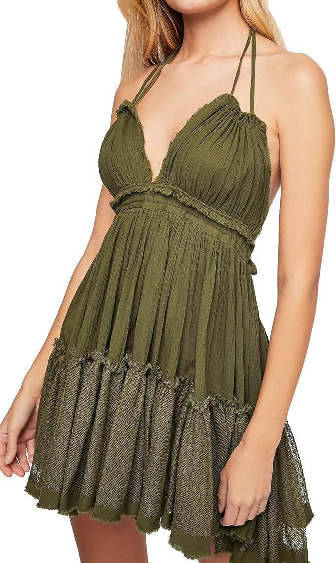 R.Vivimos Womens Summer Halter Deep V Neck Sexy Patchwork Mini Short Dresses | Amazon (US)