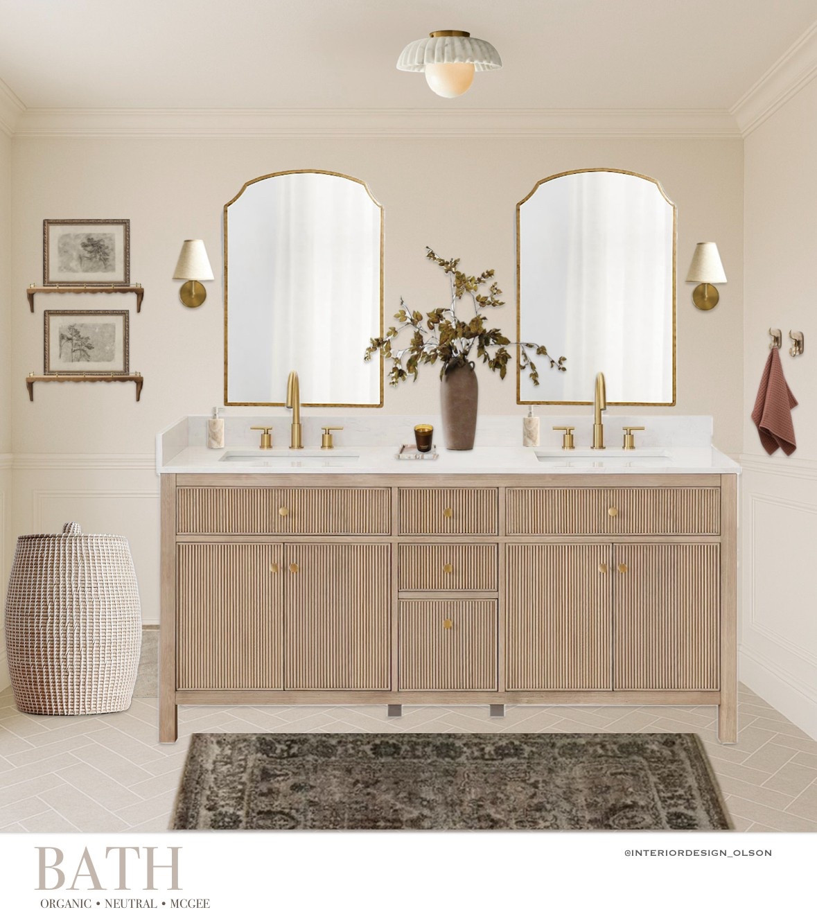 Neutral bathroom design that feels like a spa 
Organic, timeless, and so inviting.

This modern bathroom design features a fluted wood vanity, brass hardware, arched mirrors, and layered textures for a look that feels elevated yet natural. The soft neutral palette keeps the space calm and inviting, while the warm brass accents add just the right touch of sophistication.

Perfect inspiration if you’re searching for bathroom remodel ideas, organic modern bathroom design, or a neutral bathroom refresh.
