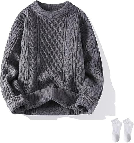 Cable Knit Sweater Vintage Pullover Sweater Casual Long Sleeve Unisex Crewneck Knitted Solid Color Tops (Beige 1, 2XL) | Amazon (US)