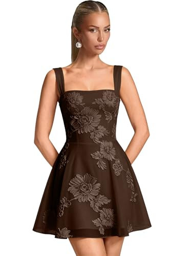 Eightale Coffee Floral Tulle Homecoming Dresses for Women Short Embroidery Lace HOCO Dress Square Neck Mini Formal Cocktail Gown Plus Size 24 | Amazon (US)