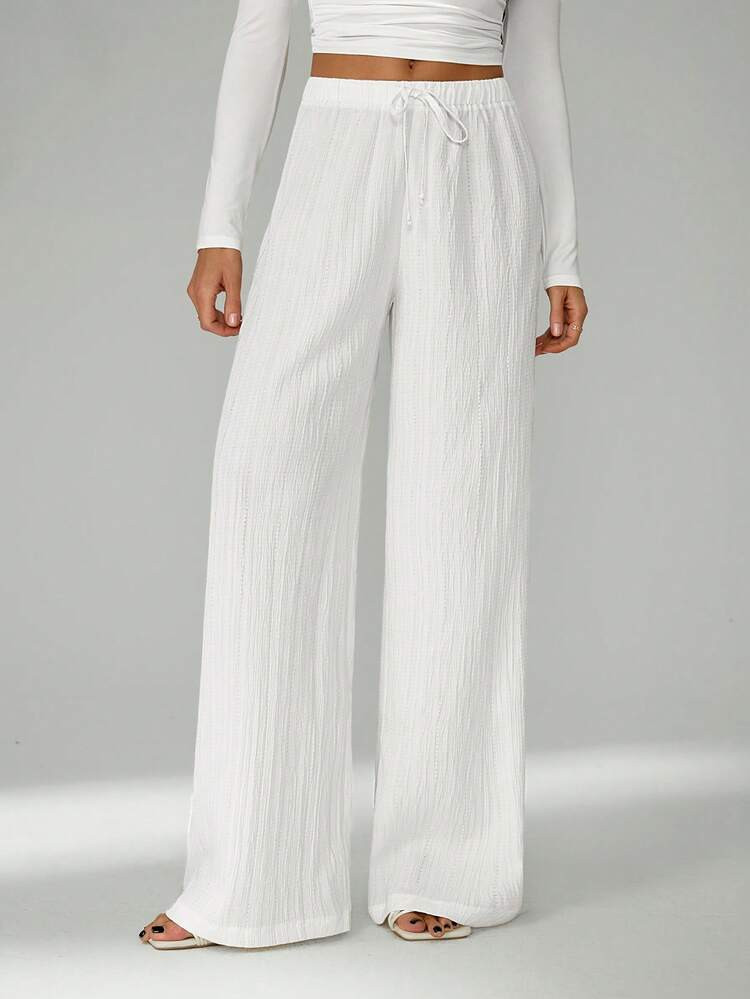 SHEIN Tall Loose Drawstring Waist Trousers In Textured Crinkle Fabric White Wide Leg Pants Women ... | SHEIN