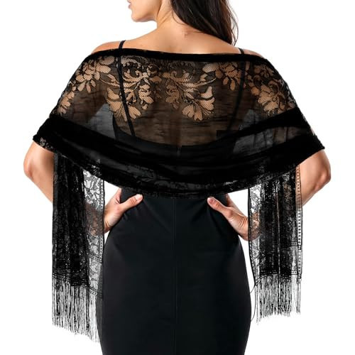 Qulkws Black Lace Shawl Women's Floral Lace Scarf Shawl with Tassels for Evening Party Wedding | Amazon (US)