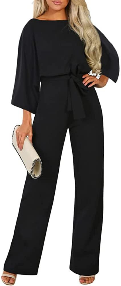 Dokotoo Jumpsuits for Women Casual Loose Batwing Sleeve Dressy Crewneck Rompers Long Pants Belted... | Amazon (US)
