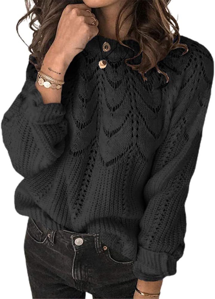 Womens Crewneck Long Sleeve Hollow Out Knit Sweater Solid Casual Loose Pullover Jumper Tops Black... | Amazon (US)