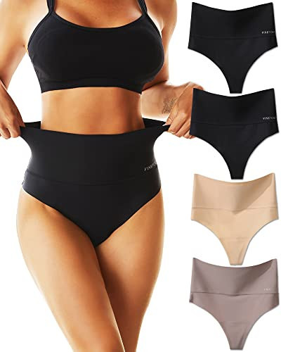 FINETOO High Waisted Thongs for Women Tummy Control Underwear Soft Nylon Stretchy No Show High Rise Thong Panties 4 Pack | Amazon (US)