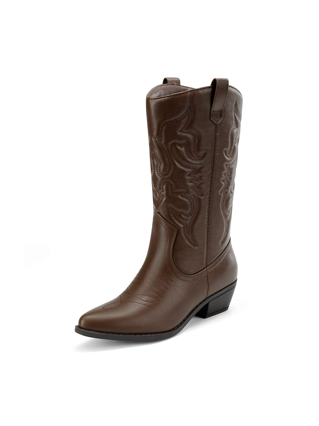 Women'S Cowboy Western Boots Pull On Cowgirl Boots Point Toe Embroidered Detail Chunky Heeled Mid... | SHEIN
