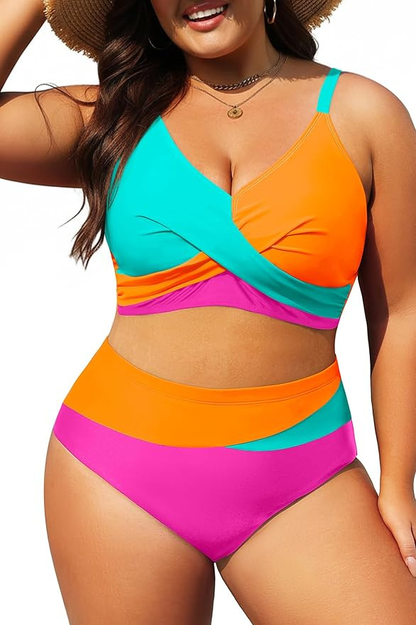 Plus Size Two Piece Swimsuit - Women High Waisted Bikini Set Tummy Control Bathing Suits | Amazon (US)