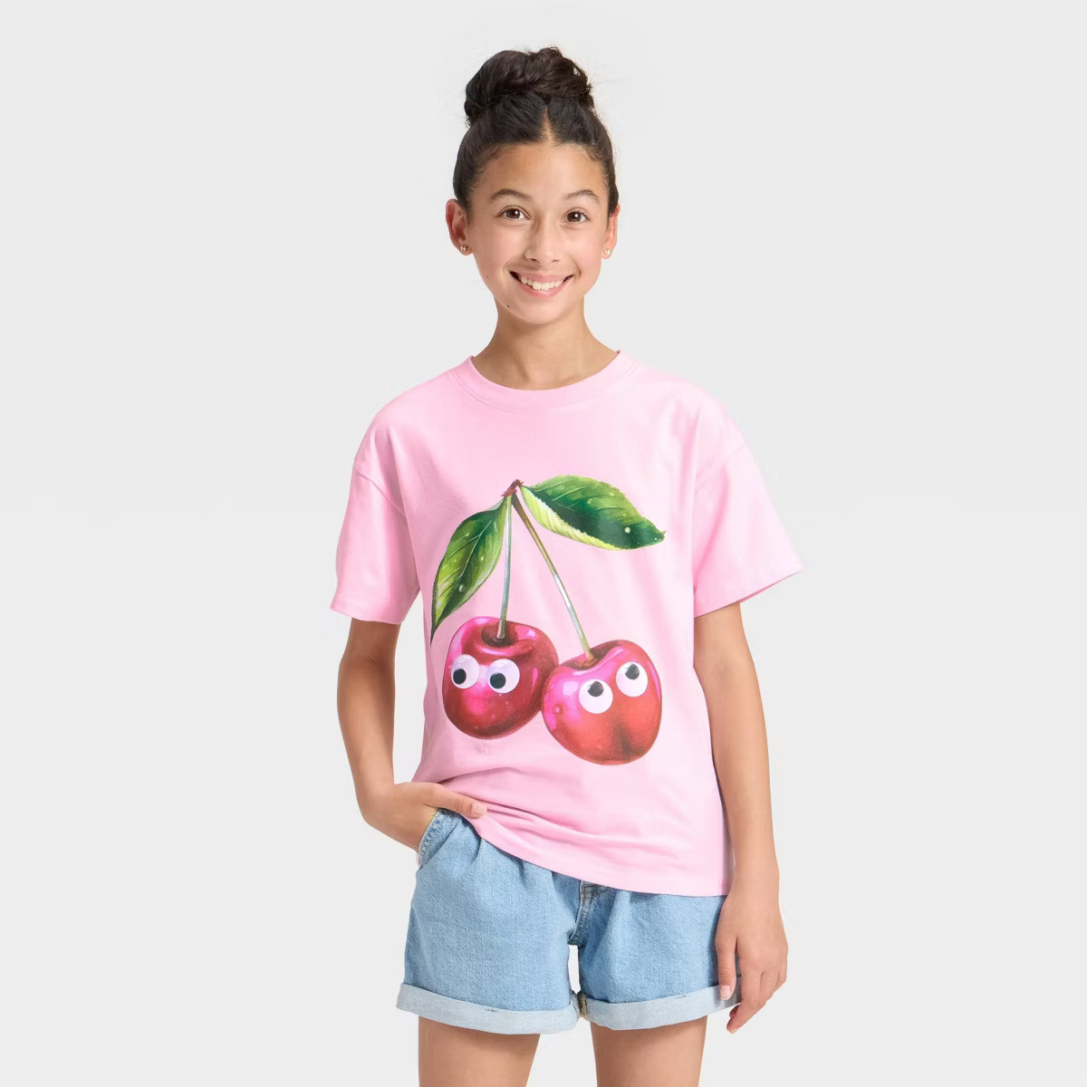 Girls' Short Sleeve Knit Oversized Cherries Graphic T-Shirt - Cat & Jack™ - Soft Pink | Target