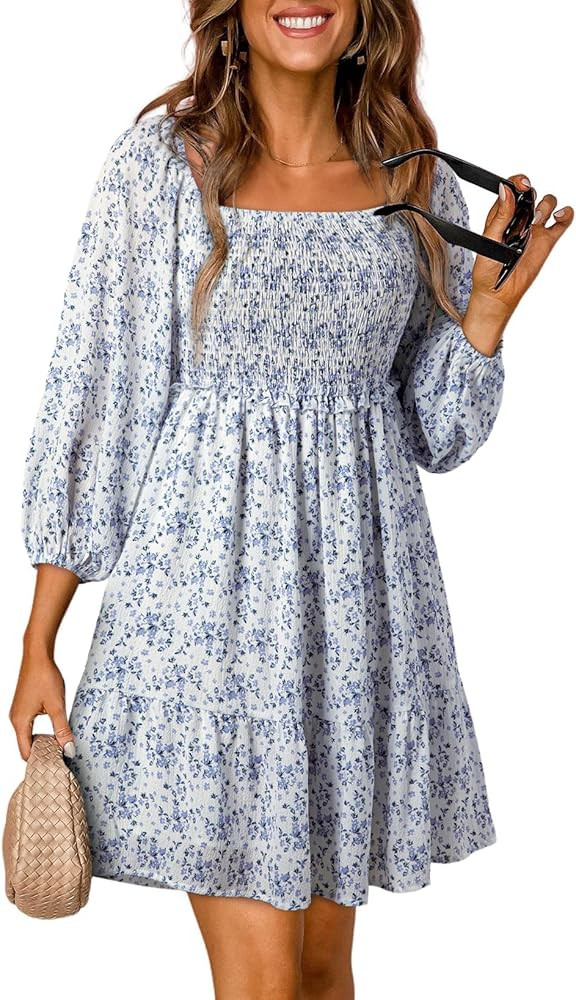 Dokotoo Womens Summer Dresses 2024 Boho Floral Square Neck Smocked 3/4 Sleeve Casual A-Line Swing... | Amazon (US)