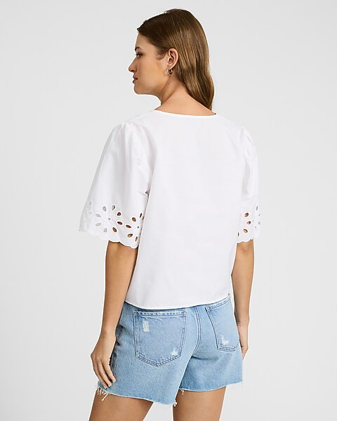 Eyelet Tie Front Scalloped Sleeve Top | Express