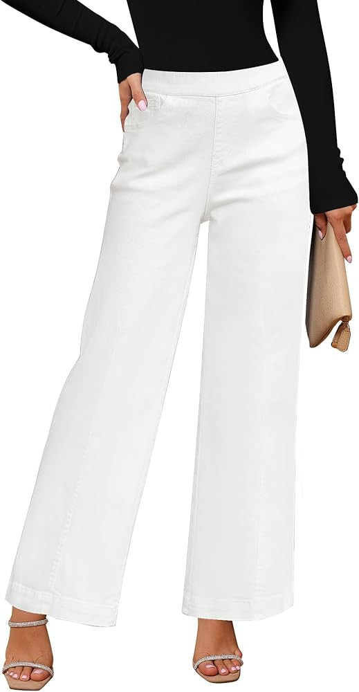 GRAPENT Pull On Womens Baggy Stretchy High Waisted Wide Leg Denim Trouser Pants, Trendy Front Sea... | Amazon (US)