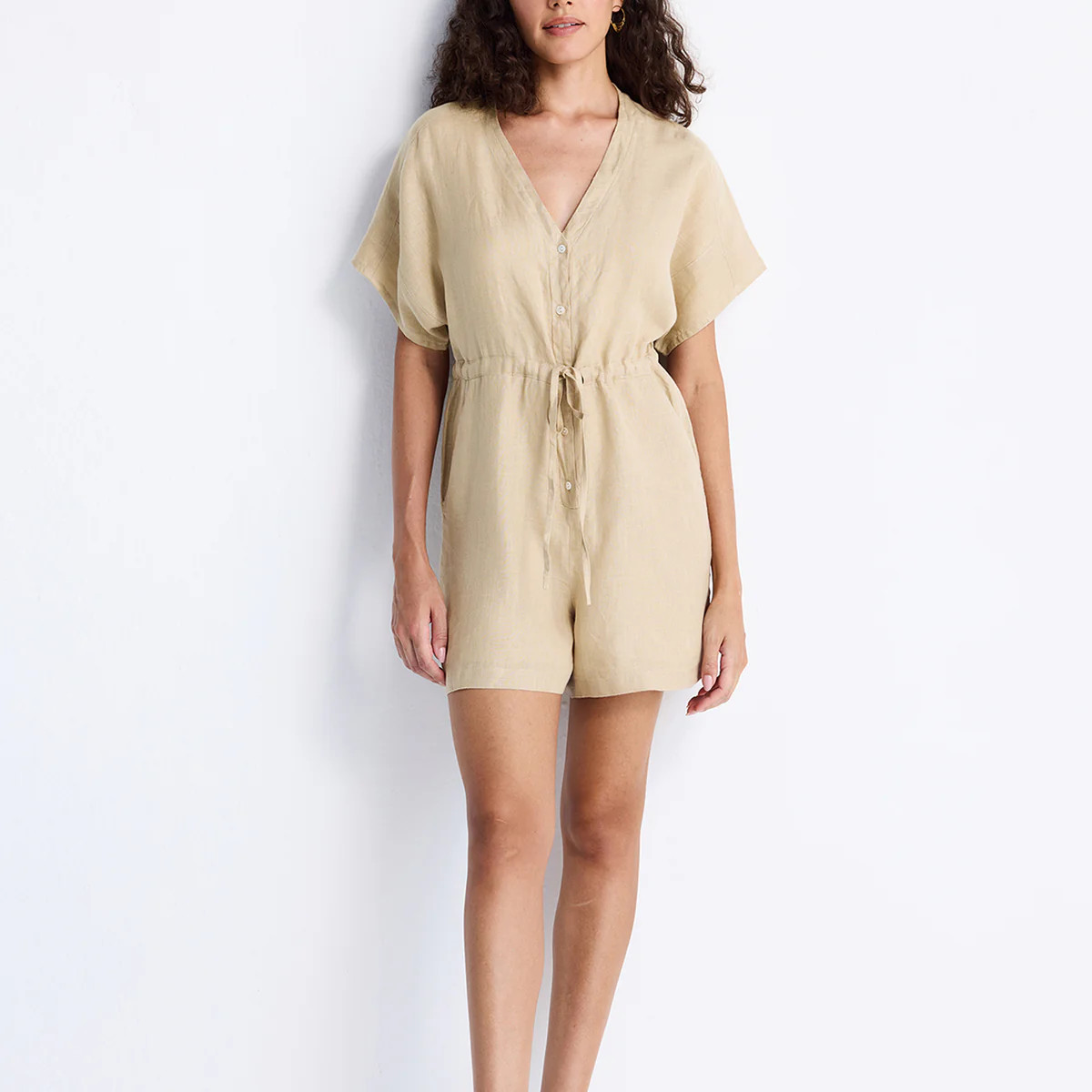 V neck Drawstring Romper in Neutral Beige | Reistor