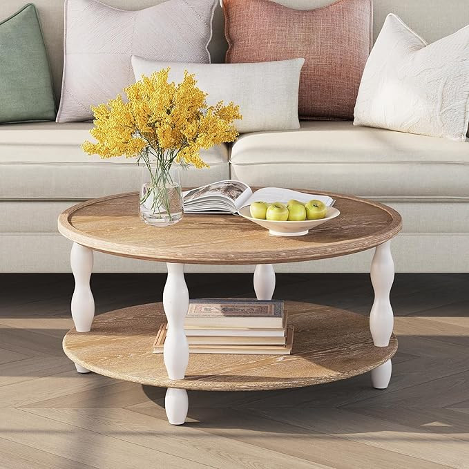 karlott Round Coffee Table, 30.3" Coffee Tables for Living Room, Solid Wood Veneer 2-Tier Center ... | Amazon (US)