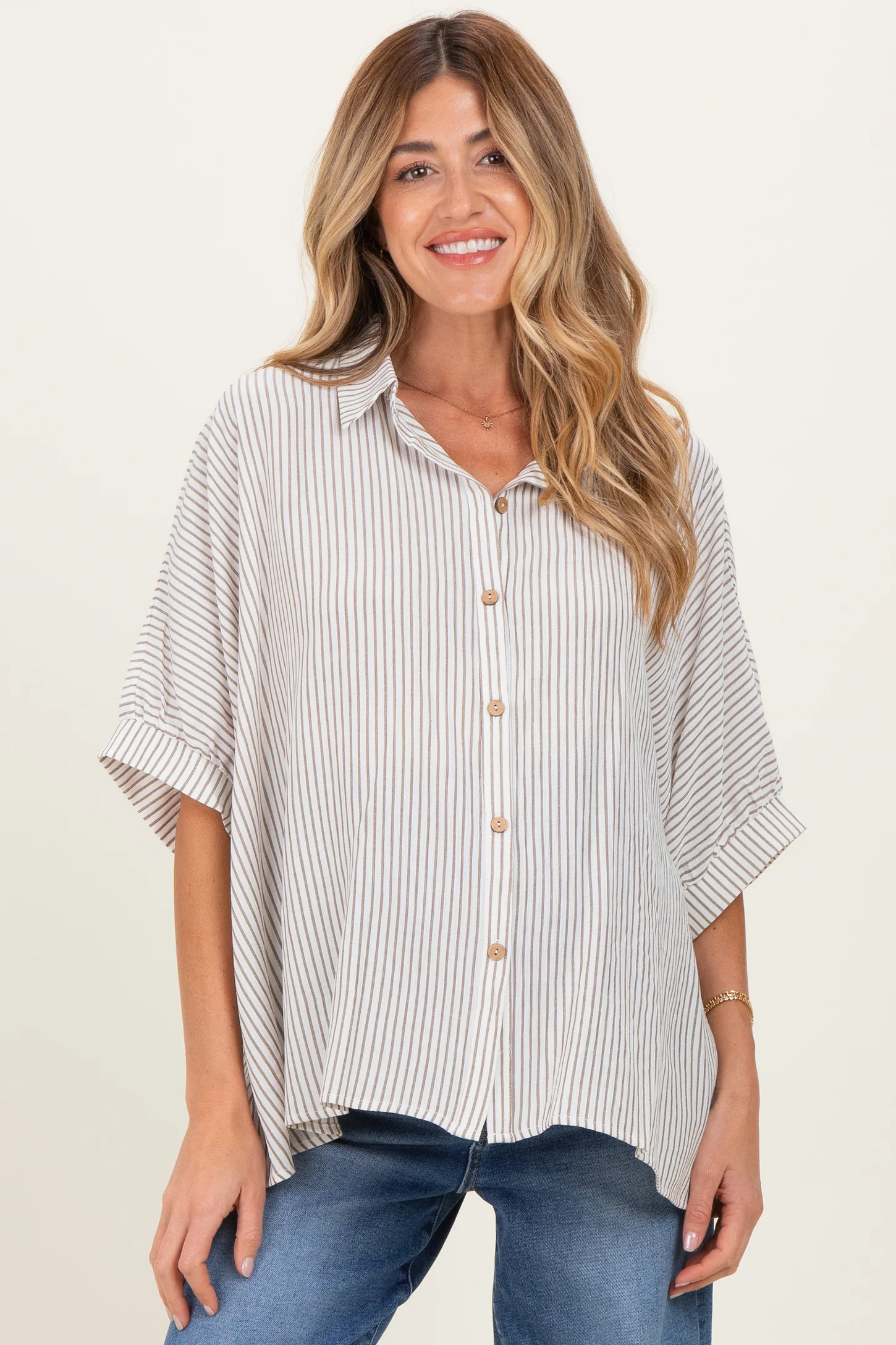 Taupe Striped Boxy Button Down Maternity Top | PinkBlush Maternity
