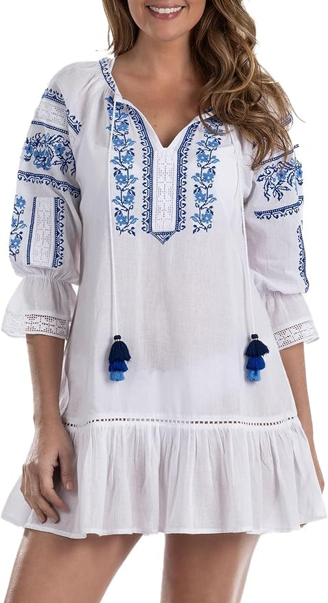 Thea | Flounce Dress (w/Two-Toned pom pom Fringe and Crochet Collar) | Amazon (US)