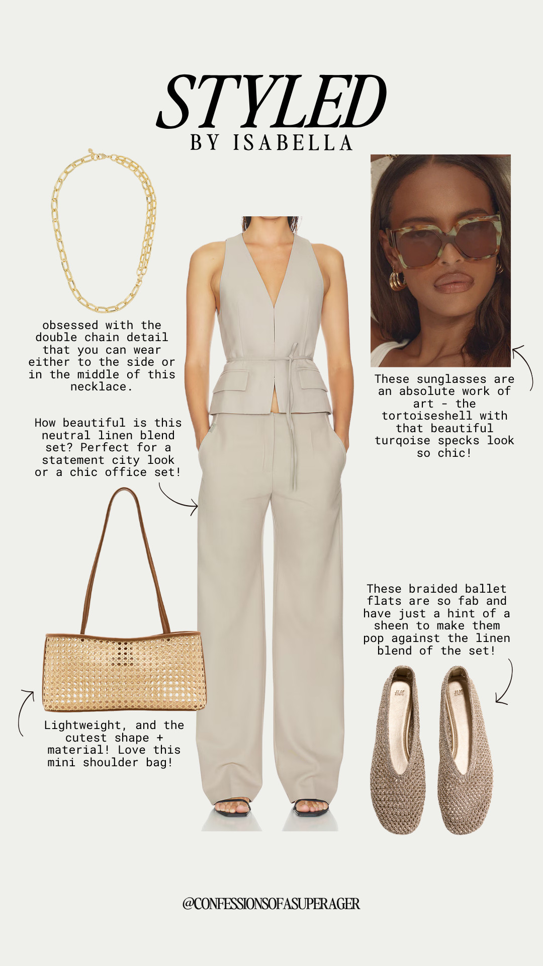 Neutral tailoring never goes out of style 🤍 This chic linen-blend jumpsuit is the perfect outfit for the office, city days, brunch, or summer travel. Styled with a woven mini shoulder bag, braided ballet flats, a modern gold chain necklace, and statement tortoiseshell sunglasses for an effortlessly polished look you'll wear on repeat. Tap to shop and save this timeless outfit inspiration! ✨ 

 #LinenStyle #NeutralOutfit #QuietLuxury #SummerStyle #WorkwearStyle #OfficeOutfit #SmartCasual #MinimalStyle #CapsuleWardrobe #VacationStyle #ResortWear #BalletFlats #WovenBag #StatementSunglasses #GoldJewelry #FashionOver40 #FashionOver50 #AgelessStyle #LTKStyle #LTKFashion #LTKFinds #EffortlessStyle #ConfessionsOfASuperAger #LTKgrwm #LTKootd #LTKSaleAlert