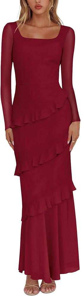 Nova In Sky Women's Wedding Guest Dress Maxi Long Sleeve Mesh Ruffle Formal Bodycon Mermaid Eveni... | Amazon (US)
