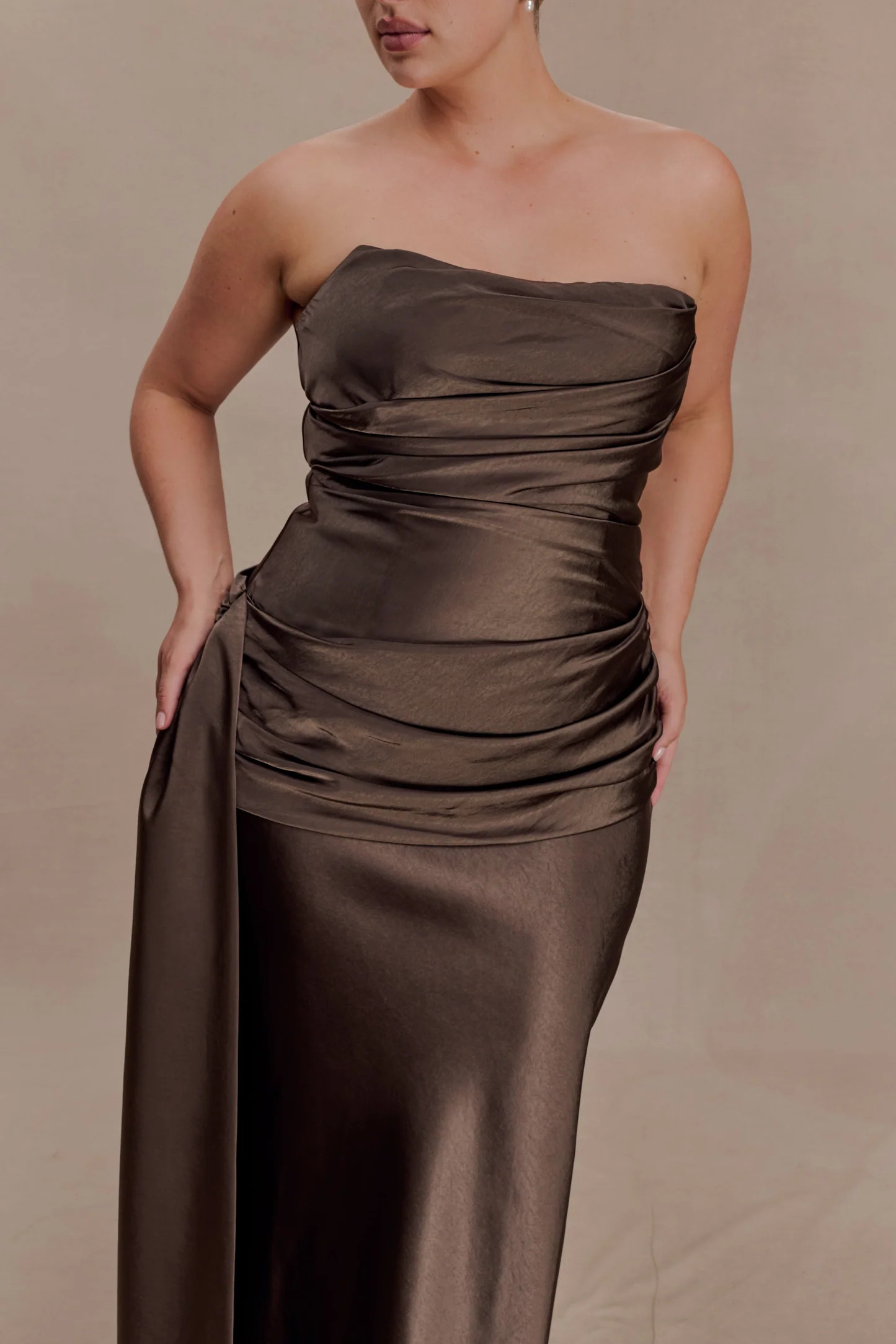 Sarah Strapless Maxi Dress With Waist Tie - Mocha | Meshki UK