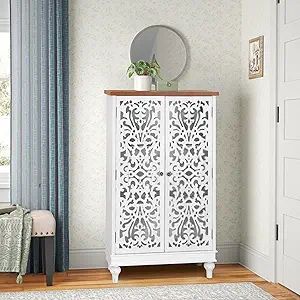 PHI VILLA Tall Accent Cabinet 3 Tier Farmhouse Carved Cabinet with Shelves 2 Door Accent Cabinet ... | Amazon (US)