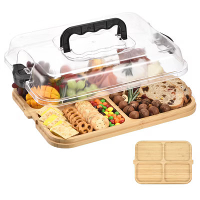 Unique Bargains Bamboo Portable Dual-function Charcuterie Board with Lid and Handle Black 4 Compartments | Target