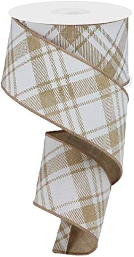 Diagonal Stripe/Check Wired Edge Ribbon - 10 Yards (Light Tan, White, 2.5") | Amazon (US)