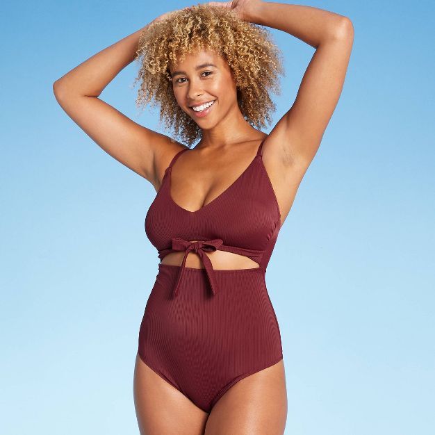 Women's Ribbed Plunge Cut Out Sash-Tie One Piece Swimsuit - Shade & Shore™ | Target
